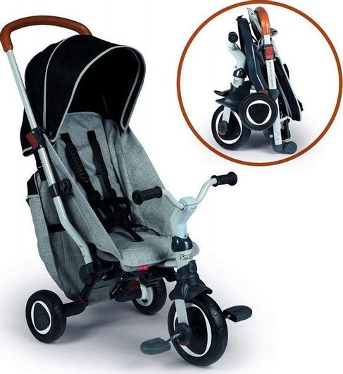 Παιδικό Τρίκυκλο Ποδήλατο Smoby Πτυσσόμενο & Μετατρεπόμενο με Χειρολαβή Γονέα & Σκίαστρο Robin Folding Trike για 6+ Μηνών Γκρι