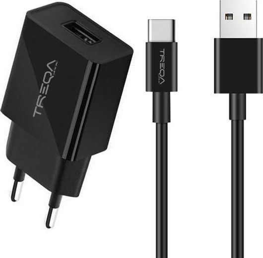 Φορτιστής Κινητών Treqa με Θύρα USB-A & Καλώδιο USB-C 18W Μαύρο