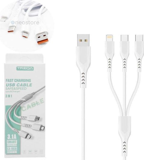 Καλώδιο Treqa USB to Lightning / Type-C / micro USB Cable 3.1A Λευκό 1.2m CA-868