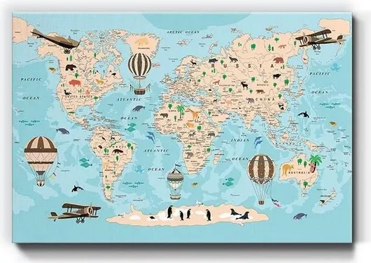 Παιδικός Πίνακας σε Καμβά Walls Χαριτωμένος Παγκόσμιος Χάρτης 20x15cm