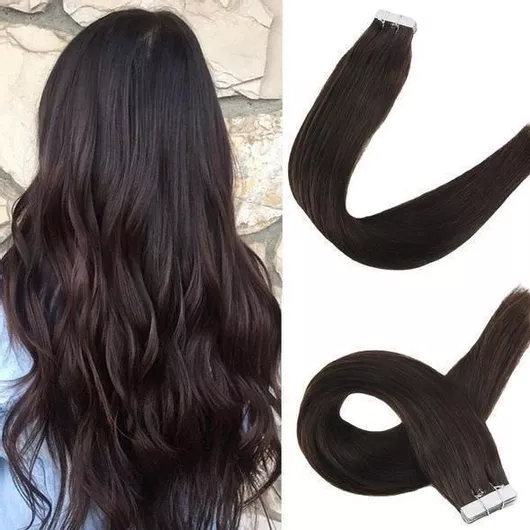 Extensions Remy Hair Αυτοκόλλητο με Φυσική Τρίχα Ρεμί Σκούρο Καστανό 2 70cm 4τμχ