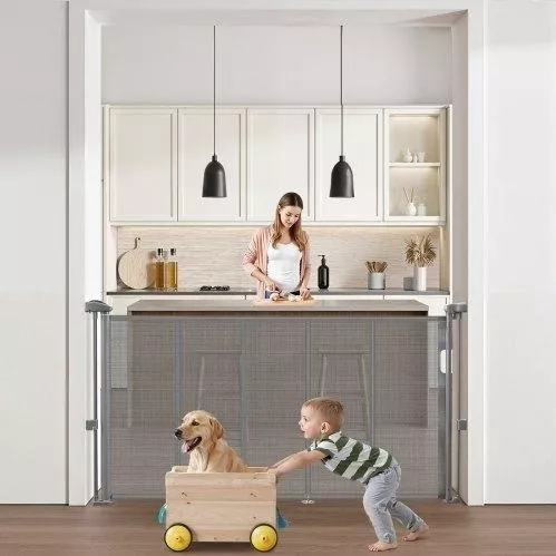 Vevor Retractable Baby Gate, 870mm Tall, Extends to 1400mm Wide, for Kids & Pets, Gray
