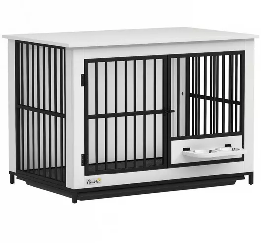 Pawhut Μεγάλο Κλουβί Σκύλου με Εύκολη Πρόσβαση, Κλειδωμένη Πόρτα, Περιστρεφόμενη Βάση & Μπολ, για Μικρούς & Μεγάλους Σκύλους, Λευκό