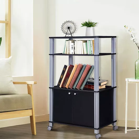 Costway HW60180BK Τρόλεϊ Κουζίνας με 3 Ράφια & Ντουλάπι από Μέταλλο / Ξύλο Μαύρο