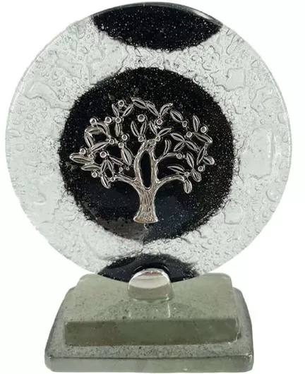 Marhome Επιτρaπεζιο Διακοσμητικο Γούρι Δεντρο Ζωης Ασημι Φυσητο Γυαλι Μαυρο Λευκο Υ12cm S1443-1959-10a