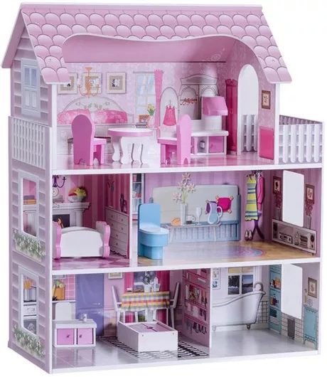 Costway HW56619 Κουκλόσπιτο με 3 Ορόφους Ξύλινο 71cm Πολύχρωμο για 3+ Ετών