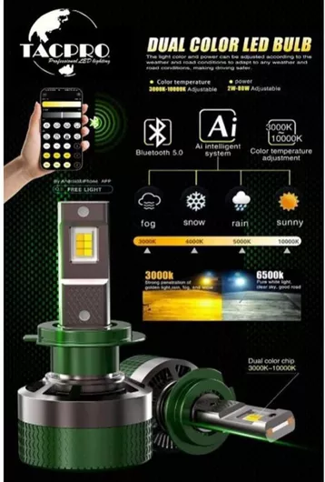Tacpro Διχρωμη Led Λαμπα Αυτοκινητου H7 Bluetooth & Ρυθμιζομενη Θερμοκρασια Φωτος 3000k–10000k Wmg-04914