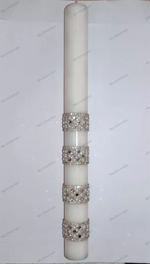 Πασχαλινή Λαμπάδα Στρογγυλή Χειροποίητη Στρας Λευκό