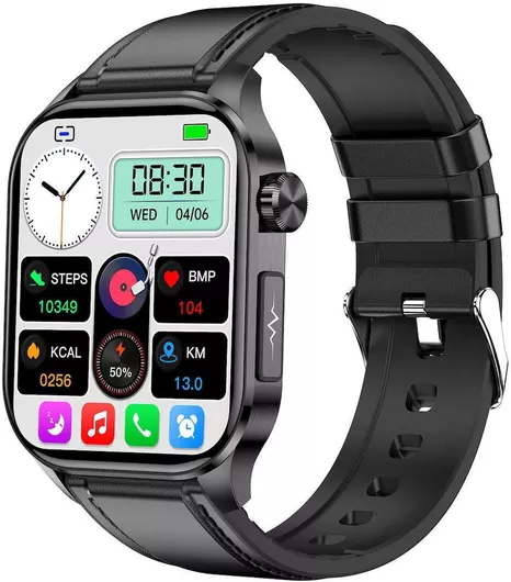 Et580 2.04 Inch Amoled Screen Sports Smart Watch Support Bluethooth Call Ecg Function Black Leather Band