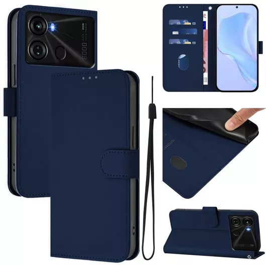 Θήκη για itel P40 Skin Feel Solid Color Leather Phone Case with Lanyard(Navy Blue)