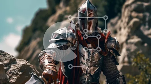 Intra Συλλεκτικό Ξύλινο Παζλ Plywood  4mm - Ισχυρός και ισχυρός ιππότης σε βραχώδη βράχο με σπαθί και ασπίδα Σε Ξύλινο Κουτί - Διαστάσεις Puzzle: 10x10 cm – 25 κομμάτια