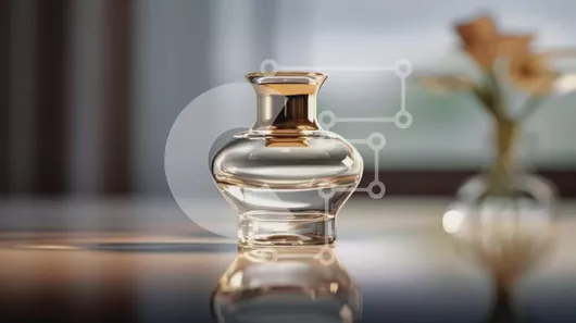 Intra Συλλεκτικό Ξύλινο Παζλ Plywood  4mm - Κομψό διαφανές γυάλινο μπουκάλι με χρυσό καπάκι και φόντο στον ορίζοντα της πόλης Σε Ξύλινο Κουτί - Διαστάσεις: 10x10 cm – 25 κομμάτια