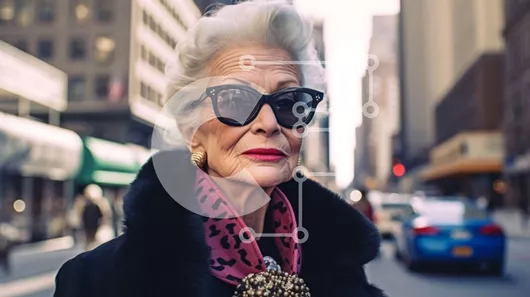 Intra Συλλεκτικό Ξύλινο Παζλ Plywood  4mm - Ηλικιωμένη γυναίκα με γυαλιά ηλίου και λεοπάρ μαντήλι που κοιτάζει μακριά Σε Ξύλινο Κουτί - Διαστάσεις Puzzle: 10x10 cm – 25 κομμάτια