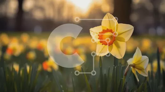 Intra Συλλεκτικό Ξύλινο Παζλ Plywood  4mm - Πεδίο με κίτρινους και πορτοκαλί νάρκισσους με τον ήλιο στο φόντο Σε Ξύλινο Κουτί - Διαστάσεις: 10x10 cm – 25 κομμάτια