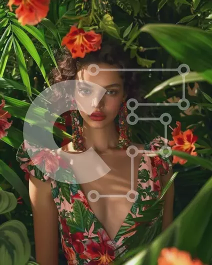 Intra Συλλεκτικό Ξύλινο Παζλ Plywood  4mm - Γυναίκα με εξωτικό φλοράλ φόρεμα με τροπικά φυτά και λουλούδια Σε Ξύλινο Κουτί - Διαστάσεις Puzzle: 10x10 cm – 25 κομμάτια