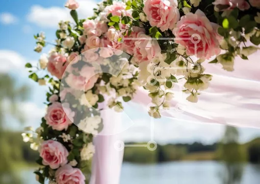 Intra Συλλεκτικό Ξύλινο Παζλ Plywood  4mm - Floral Arch με ροζ και λευκά τριαντάφυλλα δίπλα σε μια ήσυχη λίμνη Σε Ξύλινο Κουτί - Διαστάσεις Puzzle: 10x10 cm – 25 κομμάτια