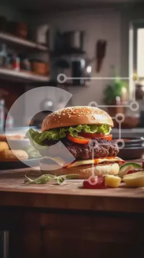 Intra Συλλεκτικό Ξύλινο Παζλ Plywood  4mm - Νόστιμο χάμπουργκερ με μαρούλι, ντομάτα και τυρί σε ξύλινο ξύλο κοπής Σε Ξύλινο Κουτί - Διαστάσεις: 10x10 cm – 25 κομμάτια