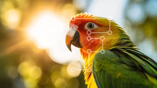 Intra Συλλεκτικό Ξύλινο Παζλ Plywood  4mm - Πολύχρωμος παπαγάλος με ανοιχτό ράμφος μπροστά στον ήλιο Σε Ξύλινο Κουτί - Διαστάσεις: 10x10 cm – 25 κομμάτια