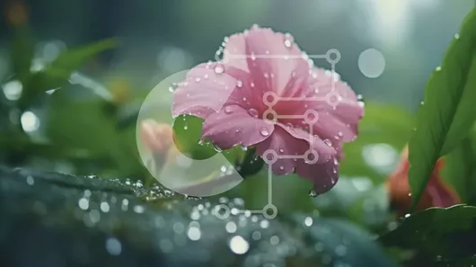 Intra Συλλεκτικό Ξύλινο Παζλ Plywood  4mm - Ροζ λουλούδι με σταγονίδια νερού που περιβάλλεται από πράσινα φύλλα και λουλούδια Σε Ξύλινο Κουτί - Διαστάσεις: 10x10 cm – 25 κομμάτια