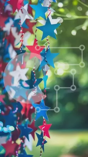 Intra Συλλεκτικό Ξύλινο Παζλ Plywood  4mm - Κόκκινα, λευκά και μπλε χάρτινα αστέρια που κρέμονται σε εξωτερικούς χώρους Σε Ξύλινο Κουτί - Διαστάσεις Puzzle: 10x10 cm – 25 κομμάτια