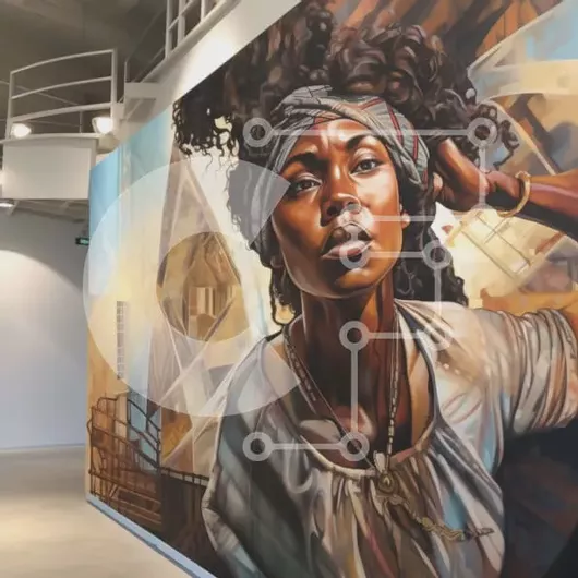 Intra Συλλεκτικό Ξύλινο Παζλ Plywood  4mm - Κομψή γυναίκα με Afro που στέκεται μπροστά από την πολύχρωμη τοιχογραφία γκράφιτι Σε Ξύλινο Κουτί - Διαστάσεις Puzzle: 10x10 cm – 25 κομμάτια