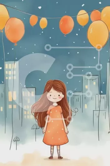 Intra Συλλεκτικό Ξύλινο Παζλ Plywood  4mm - Κορίτσι κινουμένων σχεδίων με πορτοκαλί φόρεμα που στέκεται στη χιονισμένη πόλη με πορτοκαλί μπαλόνια και ομπρέλες Σε Ξύλινο Κουτί - Διαστάσεις Puzzle: 10x10 cm – 25 κομμάτια