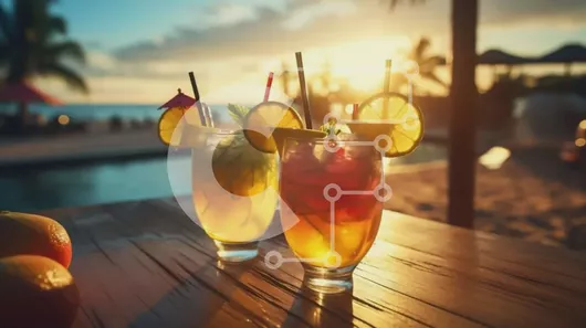 Intra Συλλεκτικό Ξύλινο Παζλ Plywood  4mm - Πολύχρωμα κοκτέιλ δίπλα στην πισίνα στο ηλιοβασίλεμα Σε Ξύλινο Κουτί - Διαστάσεις Puzzle: 10x10 cm – 25 κομμάτια