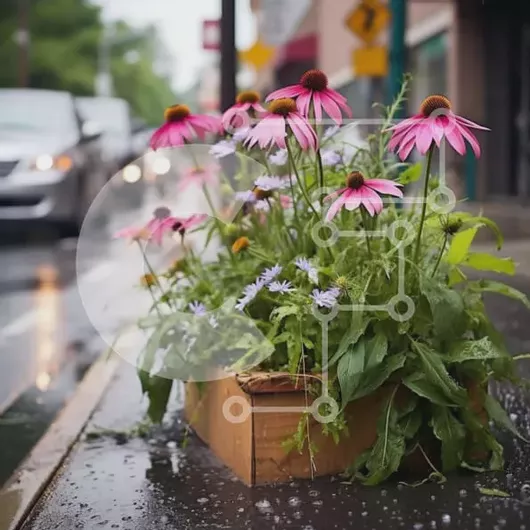 Intra Συλλεκτικό Ξύλινο Παζλ Plywood  4mm - Ξύλινο κουτί με ροζ λουλούδια στη βροχή Σε Ξύλινο Κουτί - Διαστάσεις: 10x10 cm – 25 κομμάτια