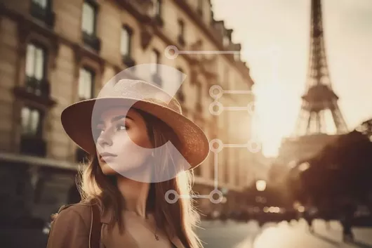 Intra Συλλεκτικό Ξύλινο Παζλ Plywood  4mm - Η κομψή γυναίκα ποζάρει μπροστά από τον Πύργο του Άιφελ στο ηλιοβασίλεμα Σε Ξύλινο Κουτί - Διαστάσεις Puzzle: 10x10 cm – 25 κομμάτια