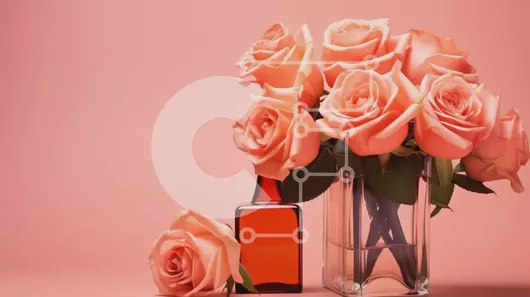 Intra Συλλεκτικό Ξύλινο Παζλ Plywood  4mm - Ροζ τριαντάφυλλα σε γυάλινο βάζο με μπουκάλι αρώματος σε ροζ φόντο Σε Ξύλινο Κουτί - Διαστάσεις: 10x10 cm – 25 κομμάτια