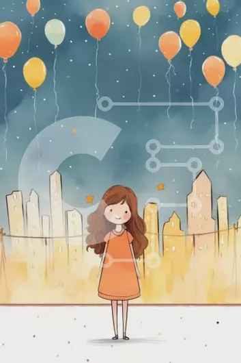 Intra Συλλεκτικό Ξύλινο Παζλ Plywood  4mm - Κορίτσι με πορτοκαλί φόρεμα με μπαλόνια και τον ορίζοντα της πόλης τη νύχτα Σε Ξύλινο Κουτί - Διαστάσεις Puzzle: 10x10 cm – 25 κομμάτια