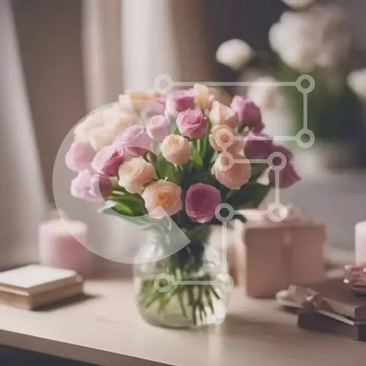 Intra Συλλεκτικό Ξύλινο Παζλ Plywood  4mm - Κομψά ροζ και λευκά τριαντάφυλλα σε γυάλινο βάζο με κεριά Σε Ξύλινο Κουτί - Διαστάσεις: 10x10 cm – 25 κομμάτια