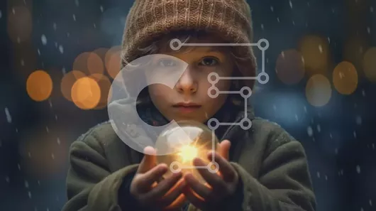 Intra Συλλεκτικό Ξύλινο Παζλ Plywood  4mm - Ζοφερή χειμερινή νύχτα: Νεαρό αγόρι που κρατά λαμπερή σφαίρα Σε Ξύλινο Κουτί - Διαστάσεις Puzzle: 10x10 cm – 25 κομμάτια