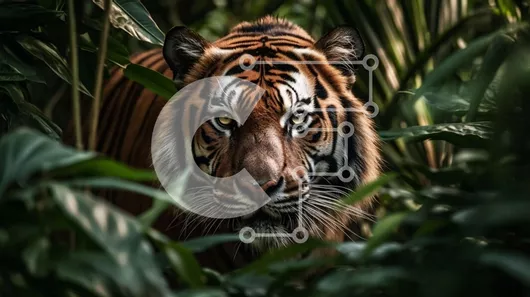 Intra Συλλεκτικό Ξύλινο Παζλ Plywood  4mm - Η ισχυρή τίγρη κοιτάζει κατευθείαν την κάμερα στην καταπράσινη ζούγκλα Σε Ξύλινο Κουτί - Διαστάσεις: 10x10 cm – 25 κομμάτια