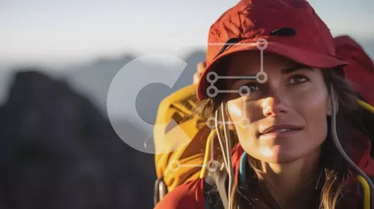 Intra Συλλεκτικό Ξύλινο Παζλ Plywood  4mm - Γυναίκα με κόκκινο καπέλο και σακίδιο πεζοπορίας που κοιτάζει τα βουνά Σε Ξύλινο Κουτί - Διαστάσεις Puzzle: 10x10 cm – 25 κομμάτια