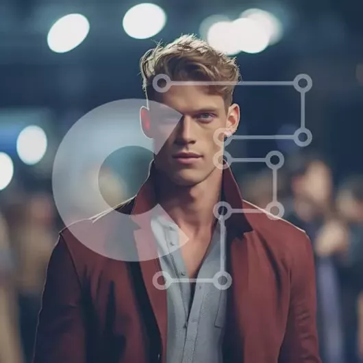 Intra Συλλεκτικό Ξύλινο Παζλ Plywood  4mm - Κομψός άνδρας που ποζάρει στην πασαρέλα με κόκκινο σακάκι και μπλε πουκάμισο Σε Ξύλινο Κουτί - Διαστάσεις Puzzle: 10x10 cm – 25 κομμάτια