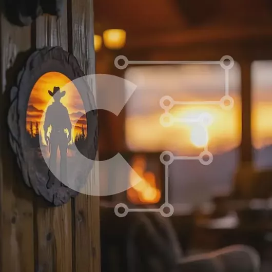 Intra Συλλεκτικό Ξύλινο Παζλ Plywood  4mm - Κρεμάστρα τοίχου σιλουέτας καουμπόη με φόντο ηλιοβασίλεμα Σε Ξύλινο Κουτί - Διαστάσεις Puzzle: 10x10 cm – 25 κομμάτια