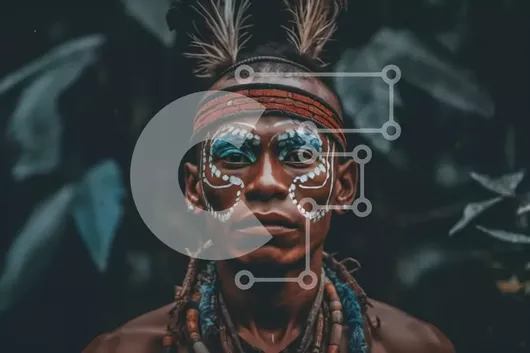 Intra Συλλεκτικό Ξύλινο Παζλ Plywood  4mm - Φυλετικός άνδρας με μπογιά προσώπου και φτερά στα μαλλιά του, φορώντας μια λούφα Σε Ξύλινο Κουτί - Διαστάσεις Puzzle: 10x10 cm – 25 κομμάτια