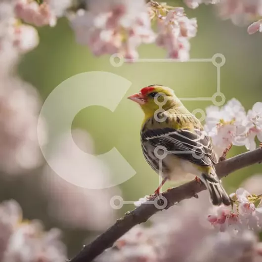 Intra Συλλεκτικό Ξύλινο Παζλ Plywood  4mm - Κίτρινο και μαύρο πουλί σκαρφαλωμένο σε κλαδί με ροζ άνθη Σε Ξύλινο Κουτί - Διαστάσεις: 10x10 cm – 25 κομμάτια