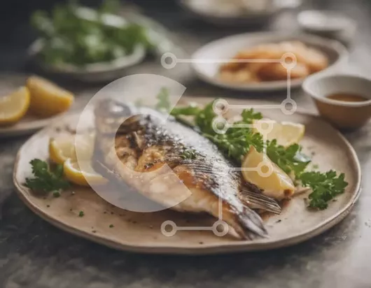 Intra Συλλεκτικό Ξύλινο Παζλ Plywood  4mm - Νόστιμα μαγειρεμένα ψάρια με φέτες λεμονιού και μαϊντανό σε ένα πιάτο Σε Ξύλινο Κουτί - Διαστάσεις: 10x10 cm – 25 κομμάτια