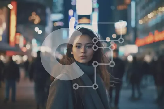 Intra Συλλεκτικό Ξύλινο Παζλ Plywood  4mm - Σοβαρή νεαρή γυναίκα με γκρι παλτό που στέκεται στον πολυσύχναστο δρόμο της πόλης τη νύχτα Σε Ξύλινο Κουτί - Διαστάσεις Puzzle: 10x10 cm – 25 κομμάτια