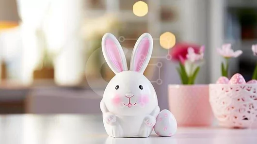 Intra Συλλεκτικό Ξύλινο Παζλ Plywood  4mm - Λευκό ειδώλιο λαγουδάκι με πασχαλινό θέμα και ροζ γλάστρες Σε Ξύλινο Κουτί - Διαστάσεις Puzzle: 10x10 cm – 25 κομμάτια