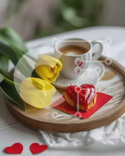 Intra Συλλεκτικό Ξύλινο Παζλ Plywood  4mm - Τούρτα σε σχήμα καρδιάς, cupcakes και κίτρινες τουλίπες για την ημέρα του Αγίου Βαλεντίνου Σε Ξύλινο Κουτί - Διαστάσεις: 10x10 cm – 25 κομμάτια