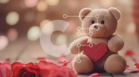 Intra Συλλεκτικό Ξύλινο Παζλ Plywood  4mm - Teddy Bear σε κόκκινα τριαντάφυλλα με φώτα Bokeh Σε Ξύλινο Κουτί - Διαστάσεις Puzzle: 10x10 cm – 25 κομμάτια