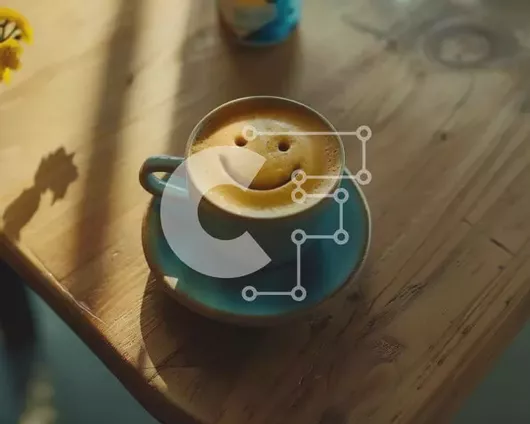 Intra Συλλεκτικό Ξύλινο Παζλ Plywood  4mm - Φλιτζάνι καφέ και πιατάκι με χαμογελαστό πρόσωπο σε ξύλινο τραπέζι με λουλούδια και χυμό πορτοκαλιού Σε Ξύλινο Κουτί - Διαστάσεις: 10x10 cm – 25 κομμάτια