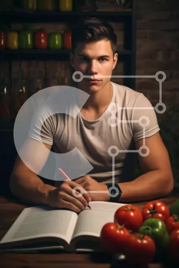 Intra Συλλεκτικό Ξύλινο Παζλ Plywood  4mm - Νεαρός άνδρας που γράφει στο ανοιχτό βιβλίο με τα λαχανικά Σε Ξύλινο Κουτί - Διαστάσεις Puzzle: 10x10 cm – 25 κομμάτια