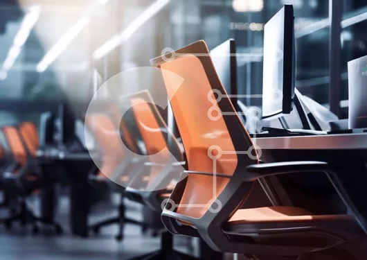 Intra Συλλεκτικό Ξύλινο Παζλ Plywood  4mm - Σύγχρονος χώρος εργασίας γραφείου με πορτοκαλί καρέκλες και οθόνες υπολογιστών Σε Ξύλινο Κουτί - Διαστάσεις Puzzle: 10x10 cm – 25 κομμάτια