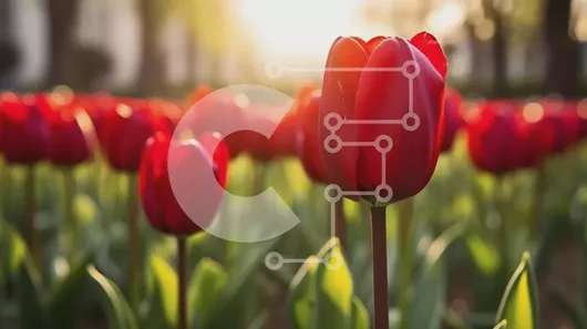 Intra Συλλεκτικό Ξύλινο Παζλ Plywood  4mm - Πεδίο με κόκκινες τουλίπες σε άνθιση με το φως του ήλιου Σε Ξύλινο Κουτί - Διαστάσεις: 10x10 cm – 25 κομμάτια