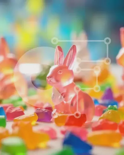 Intra Συλλεκτικό Ξύλινο Παζλ Plywood  4mm - Πολύχρωμα ειδώλια λαγουδάκι του Πάσχα σε Gummy Bears Σε Ξύλινο Κουτί - Διαστάσεις Puzzle: 10x10 cm – 25 κομμάτια