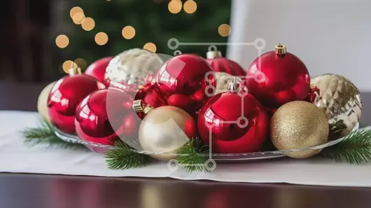 Intra Συλλεκτικό Ξύλινο Παζλ Plywood  4mm - Χριστουγεννιάτικα στολίδια σε γυάλινο μπολ με φόντο το χριστουγεννιάτικο δέντρο Σε Ξύλινο Κουτί - Διαστάσεις: 10x10 cm – 25 κομμάτια